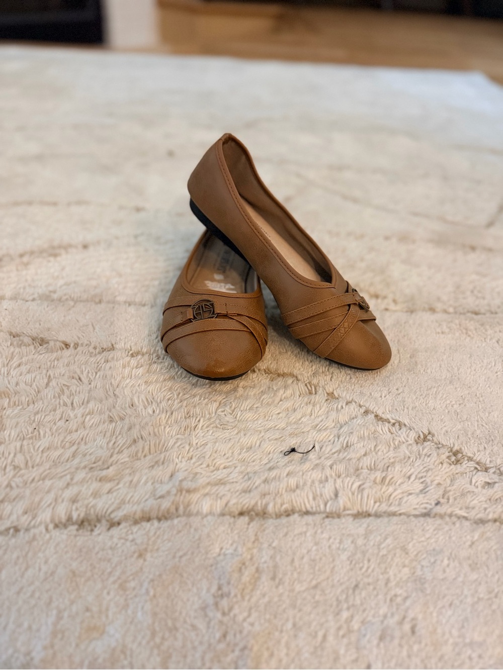 Women's Tan Slip-On Ballet Flats with Decorative Buckle